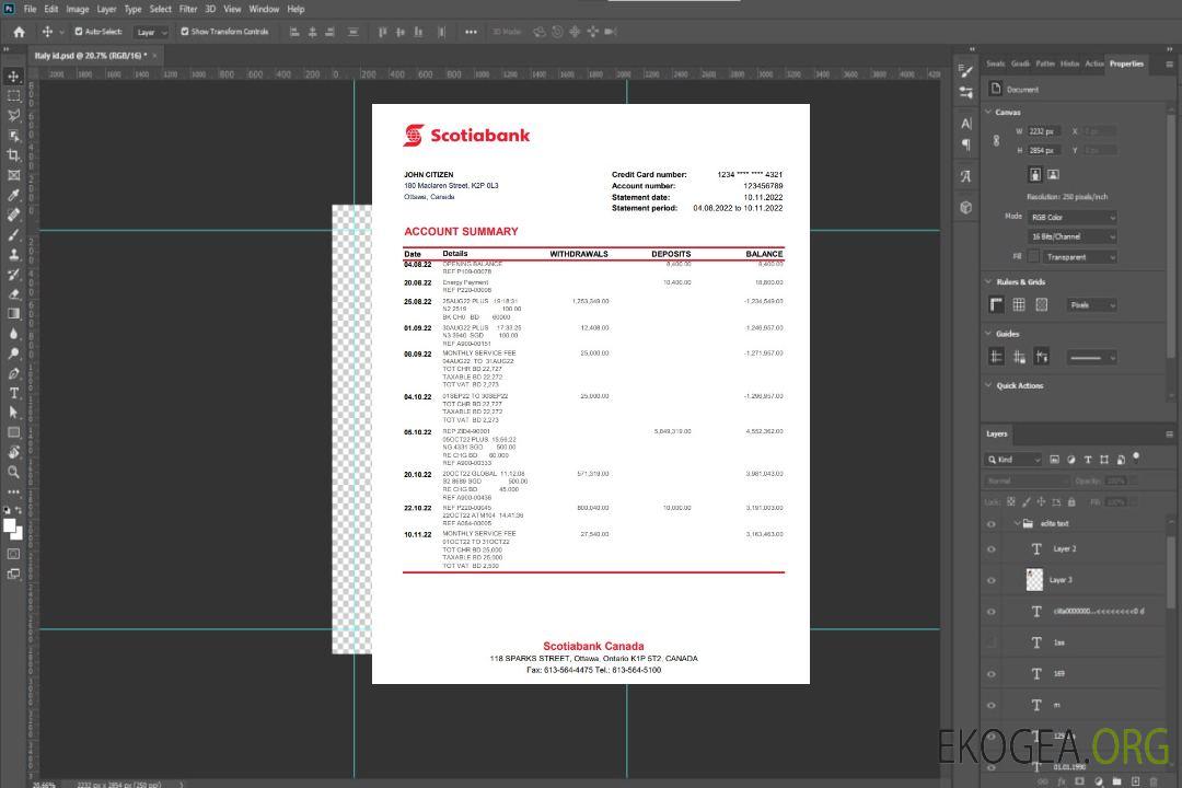 Relevé bancaire de la Banque Scotia du Canada template